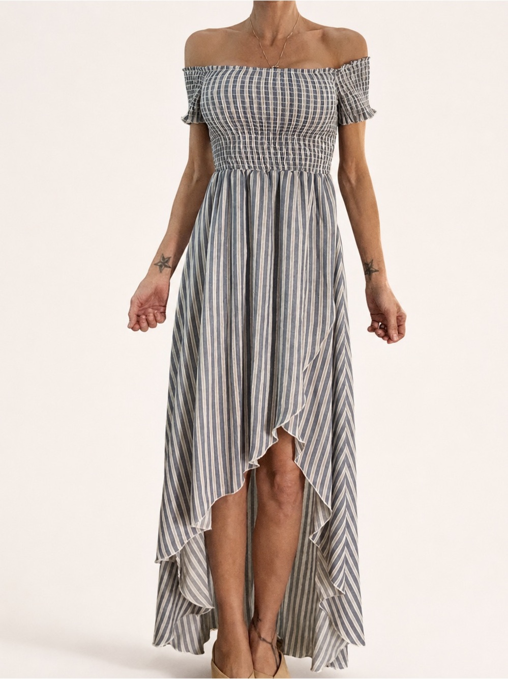 Show Me Your Mumu Willa Maxi Dress S She Sails Stripe Off Shoulder Hi Low